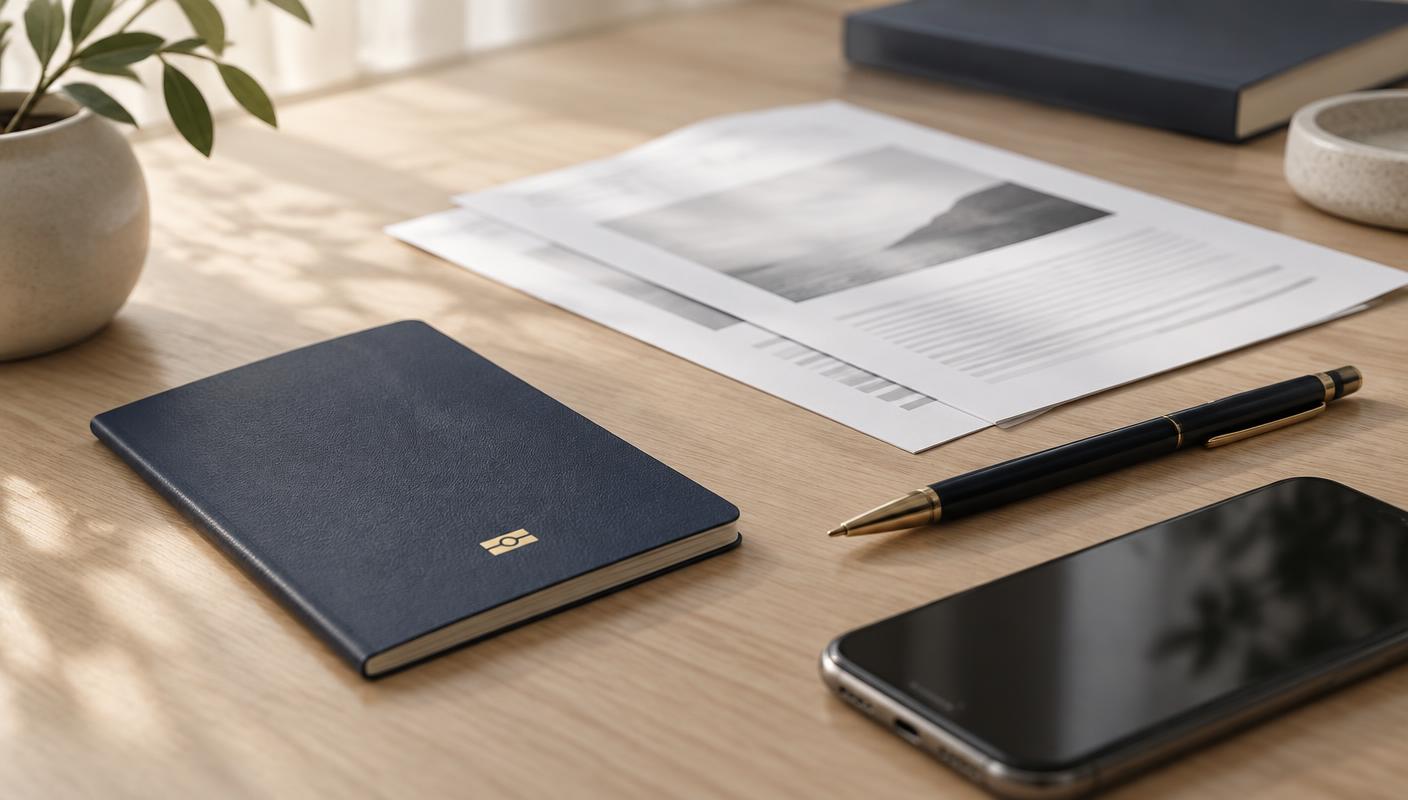 Documentos, caneta e celular sobre a mesa de atendimento